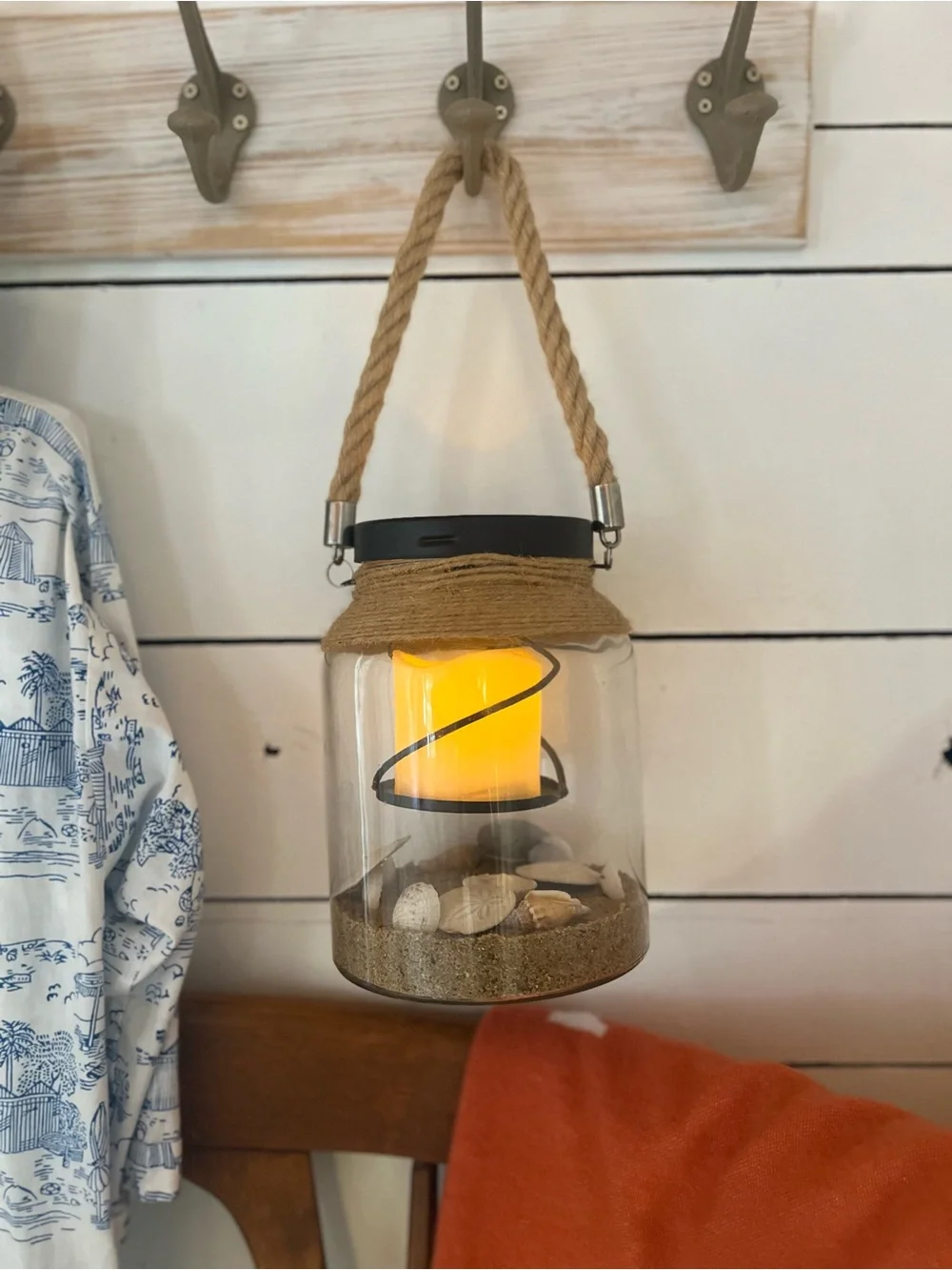 Hanging Coastal Lantern with Rope Handle - Yellow Candle Accent